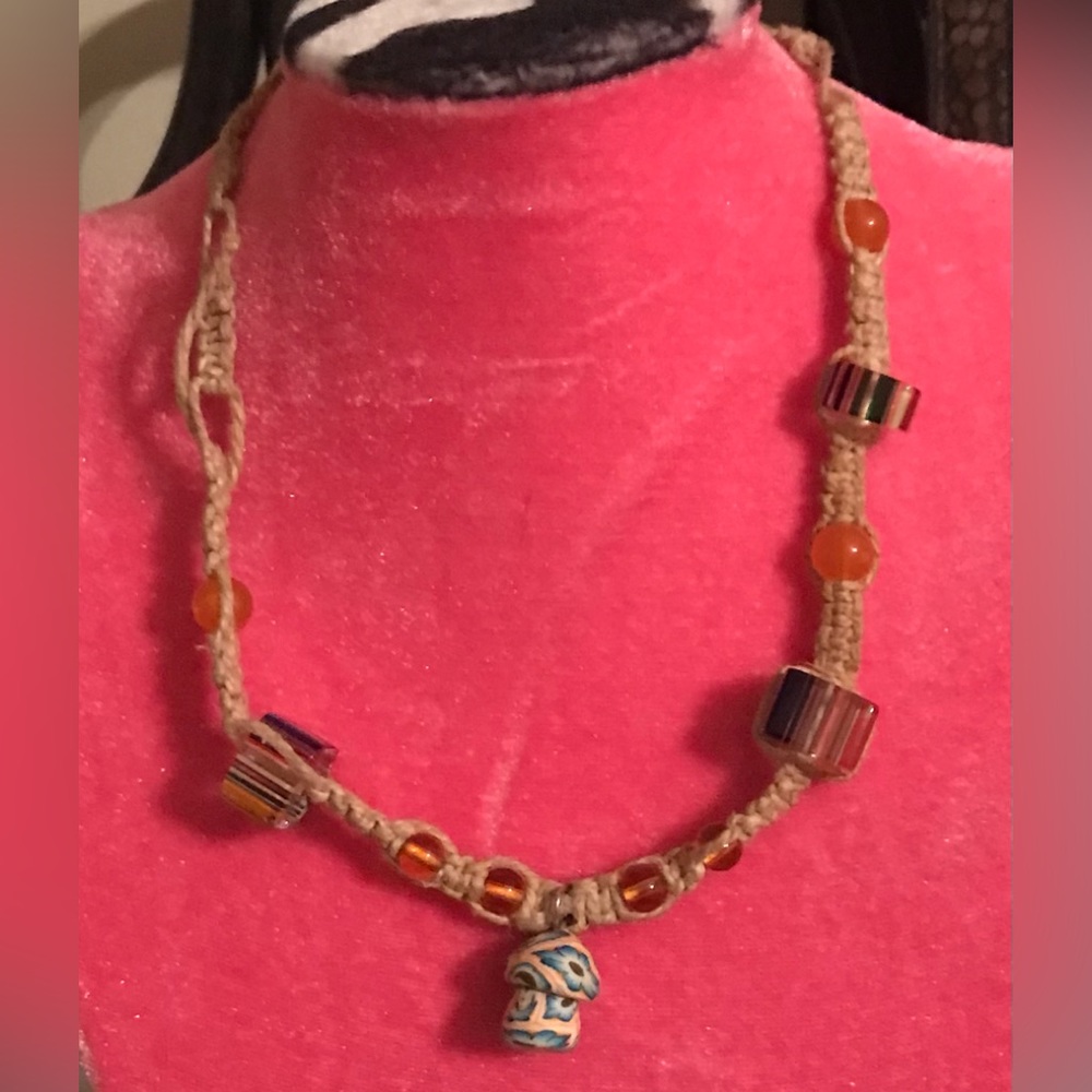 Vintage Handmade Choker  Style Necklace Mushroom Pendant Glass Beads Macramé